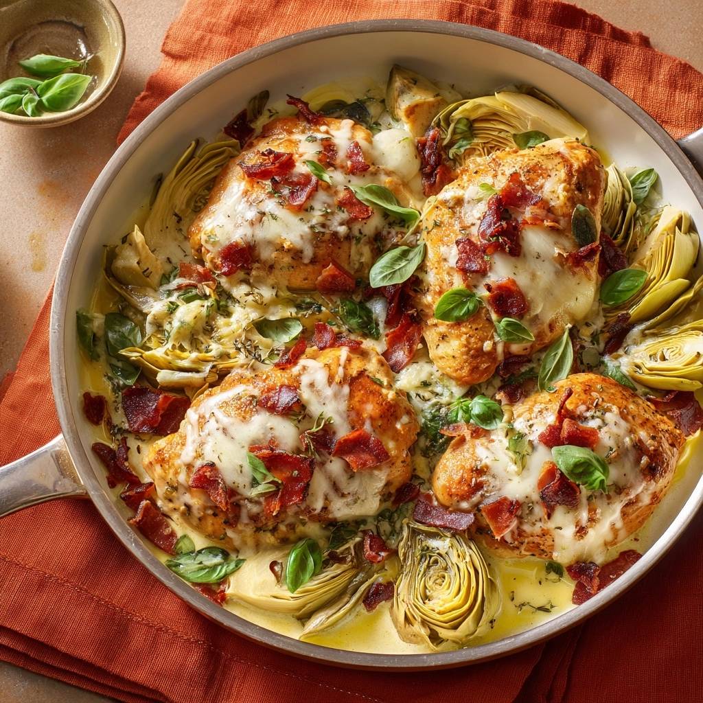 Mediterrane Hähnchenpfanne mit Artischocken in einer Pfanne von oben betrachtet, serviert mit Artischockenherzen und knusprigem Speck.