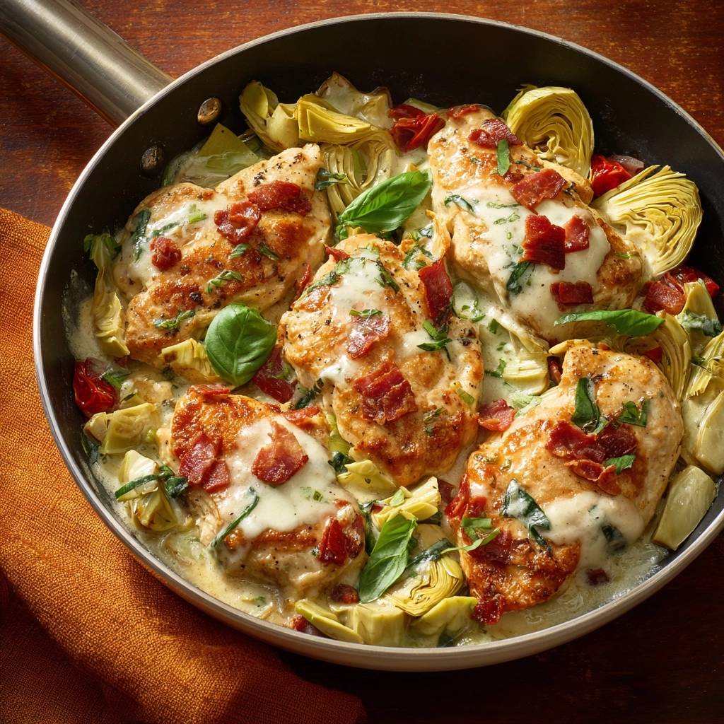 Mediterrane Hähnchenpfanne mit Artischocken in einer Pfanne, serviert mit Artischockenherzen, Tomaten, Speck und Basilikum von oben betrachtet.