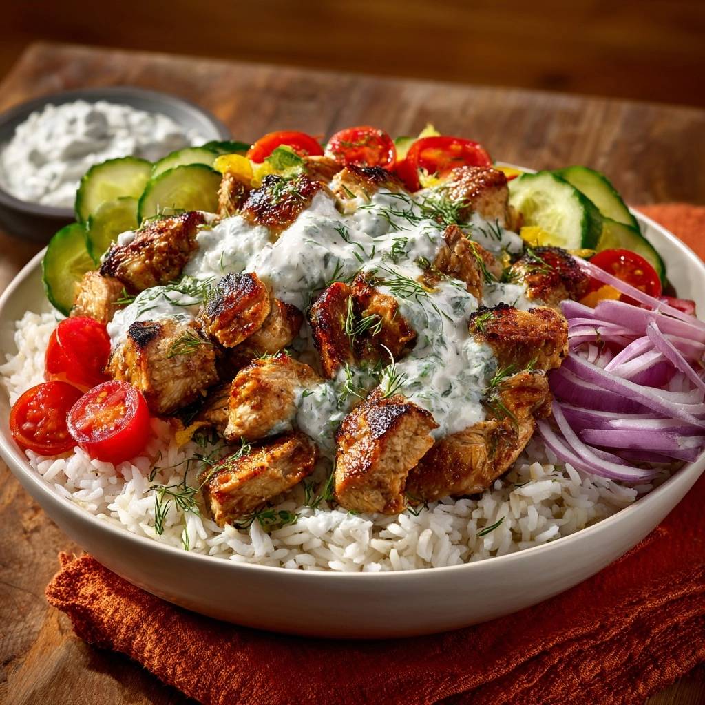 Mediterrane Hähnchen-Reis-Bowl, serviert in einer Schüssel, mit saftigem Hähnchen und frischem Gemüse, draufsicht.