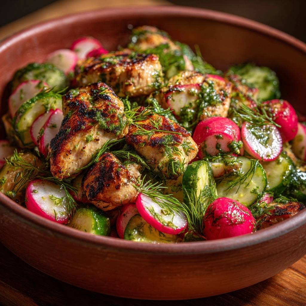 Mediterrane Hähnchen-Pfanne mit Radieschen & Kräutern in Nahaufnahme: Ein köstlicher Salat mit gegrilltem Hähnchen, frischen Radieschen und duftenden Kräutern.