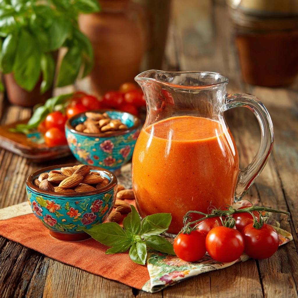 Mediterrane Tomaten-Mandel-Sauce in einem Glas-Krug, mit Mandeln und Tomaten garniert, auf einem rustikalen Holztisch serviert.