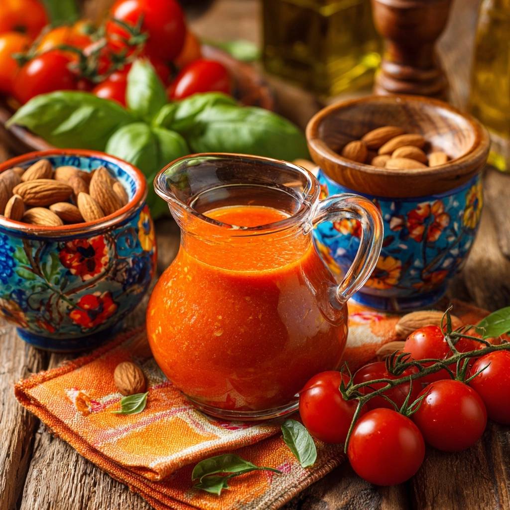 Mediterrane Tomaten Mandel Sauce Nahaufnahme 1 Mediterrane Tomaten-Mandel-Sauce in einer Glaskanne, mit frischen Tomaten, Mandeln und Basilikum auf einem rustikalen Holztisch serviert.