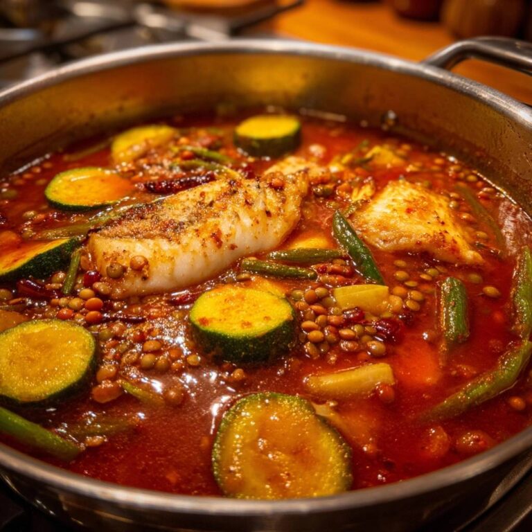 Mediterraner Fischeintopf mit Linsen und Zucchini in einem Topf, aus der Vogelperspektive fotografiert, mit Zucchini, Linsen und Fisch.