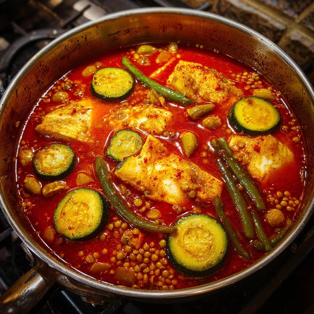 Mediterraner Fischeintopf mit Linsen und Zucchini in einem Topf, serviert und von oben fotografiert, mit Zucchini-Scheiben, Linsen und Fisch.