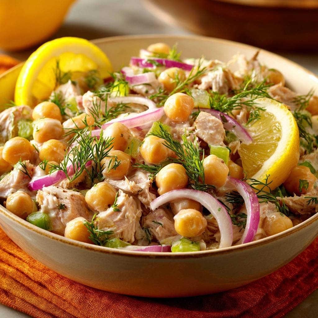 Mediterraner Thunfisch Kichererbsen Salat Serviert 1 Mediterraner Thunfisch-Kichererbsen-Salat serviert in einer Schüssel, garniert mit frischem Dill, roten Zwiebeln und einer Zitronenscheibe.