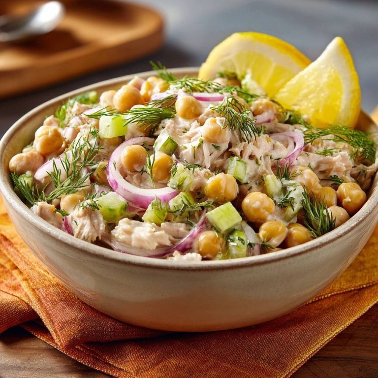 Mediterraner Thunfisch-Kichererbsen-Salat, serviert in einer Schüssel, garniert mit frischem Dill und Zitronenspalten. Der erfrischende Salat ist voller Zutaten.