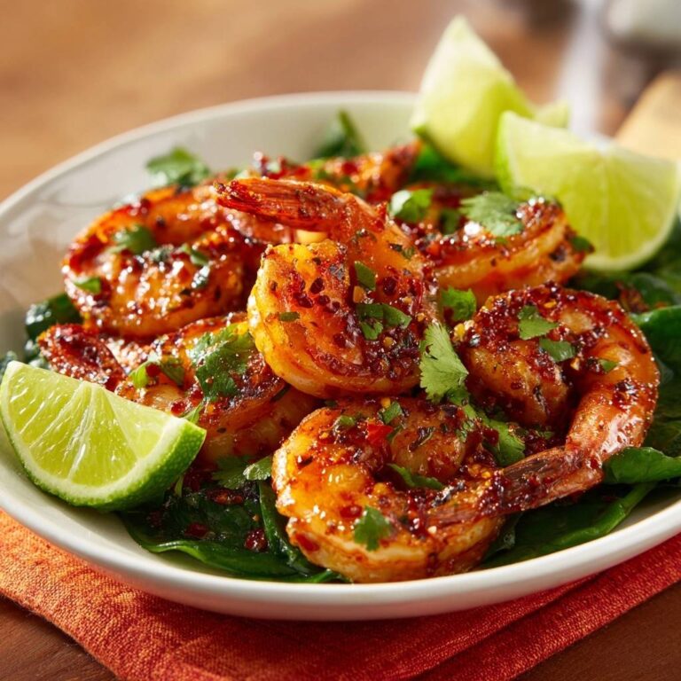 Pikante Chili-Knoblauch-Garnelen serviert auf Spinatblättern, garniert mit frischem Koriander und Limettenspalten. Ein köstliches Gericht.