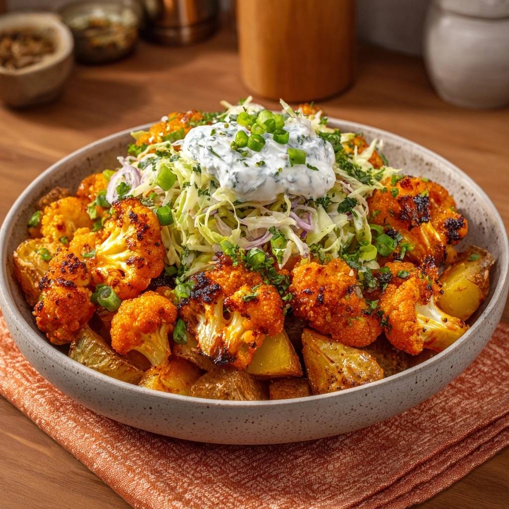 Rost Blumenkohl Bowl Mit Kartoffeln Draufsicht 1 Röst-Blumenkohl Bowl mit Kartoffeln aus der Vogelperspektive, serviert in einer rustikalen Schüssel, mit frischer Krautsalat-Garnitur.