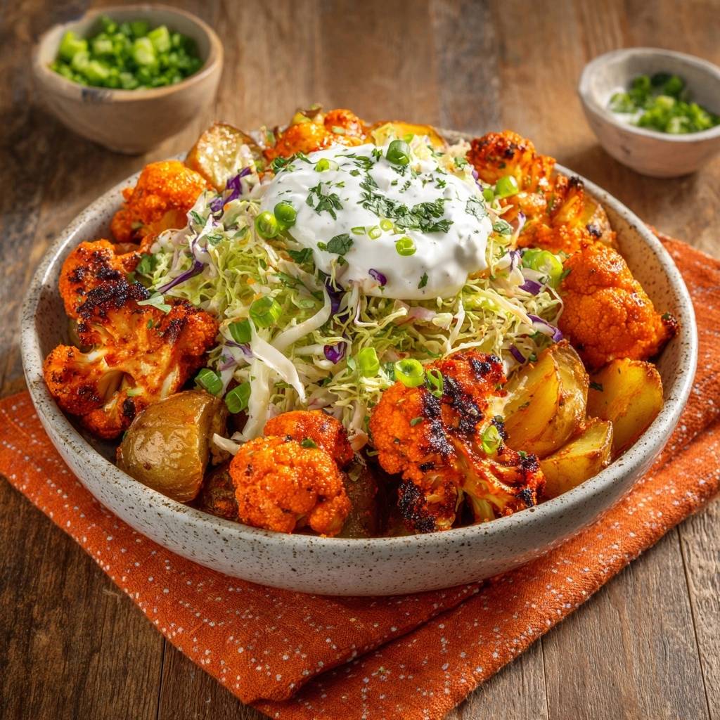 Röst-Blumenkohl Bowl mit Kartoffeln, serviert in einer Schüssel mit knusprigem Blumenkohl, Kartoffeln und frischen Kräutern.