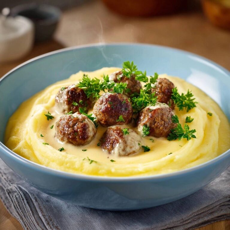 Saftige Fleischbällchen auf cremigem Kartoffelstampf in einer Nahaufnahme, garniert mit frischer Petersilie und serviert in einer blauen Schüssel.