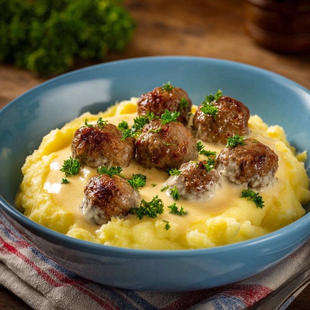 Saftige Fleischbällchen auf cremigem Kartoffelstampf in einer blauen Schüssel serviert, garniert mit frischer Petersilie. Ein köstliches Mittagessen.