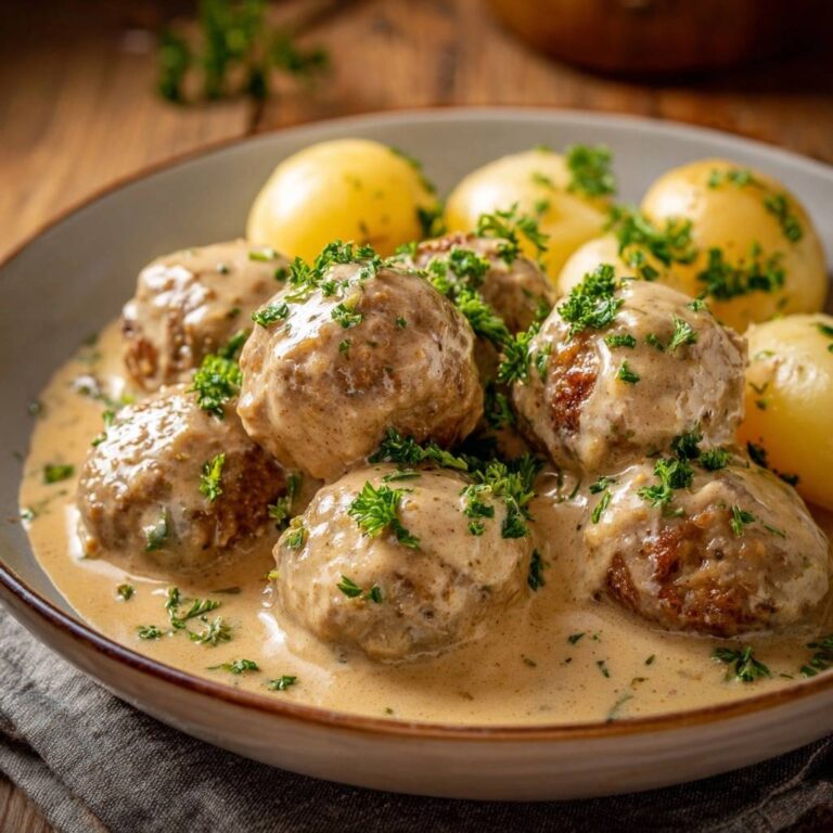 Saftige Fleischbällchen in Rahmsoße in Nahaufnahme, garniert mit frischer Petersilie, serviert in einer cremigen Soße mit Kartoffeln.