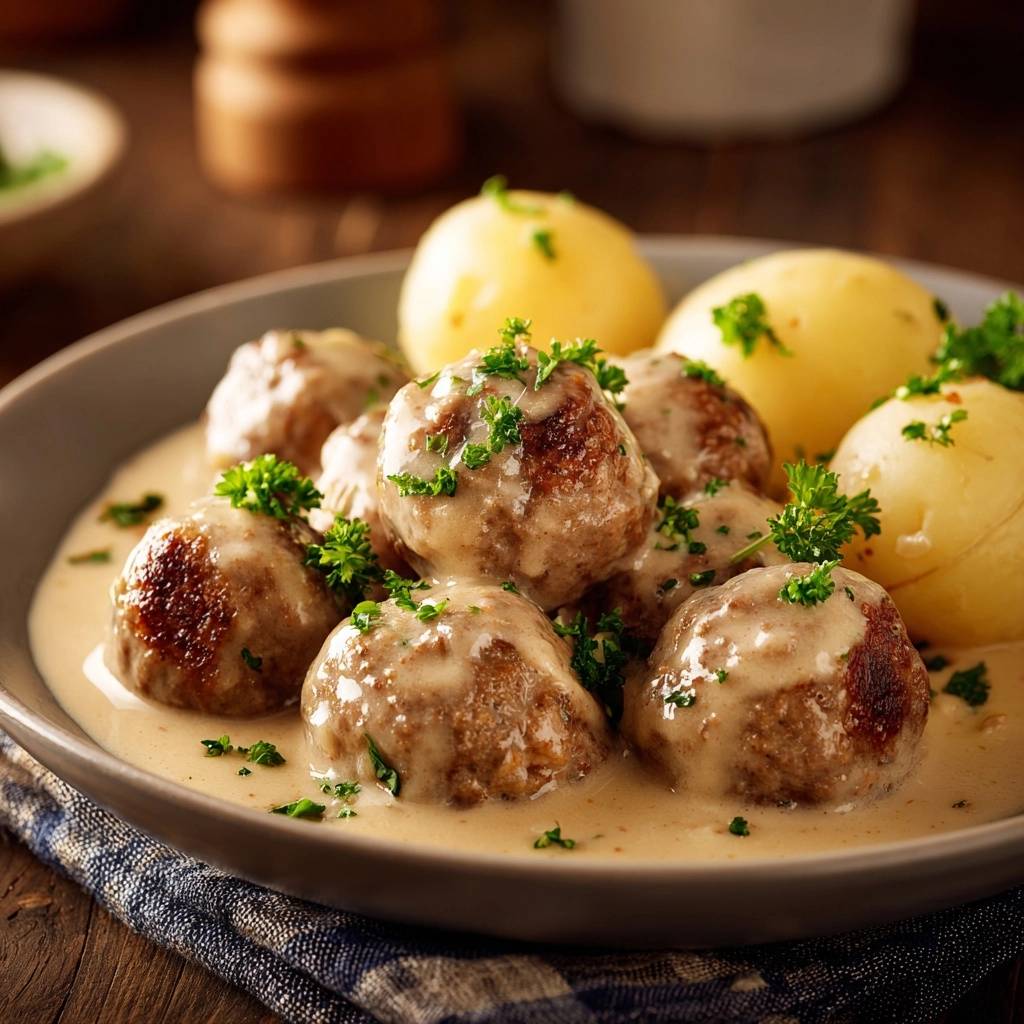 Saftige Fleischbällchen in Rahmsoße, serviert in einer Schüssel, garniert mit frischer Petersilie und serviert mit Kartoffeln.