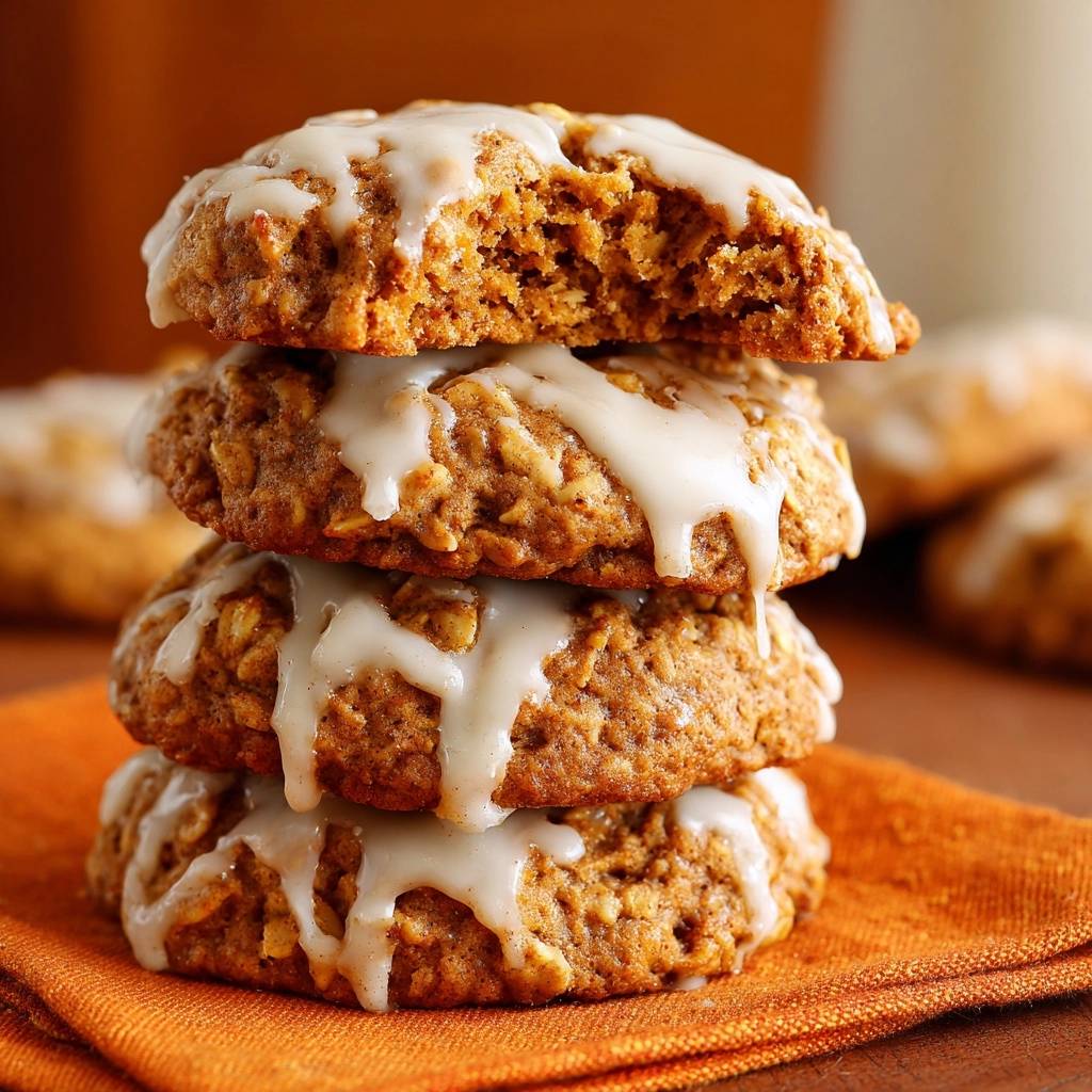 Saftige Kürbis-Haferflocken-Cookies in Nahaufnahme mit Zuckerguss, wobei ein Cookie angeschnitten ist und die Textur zeigt.