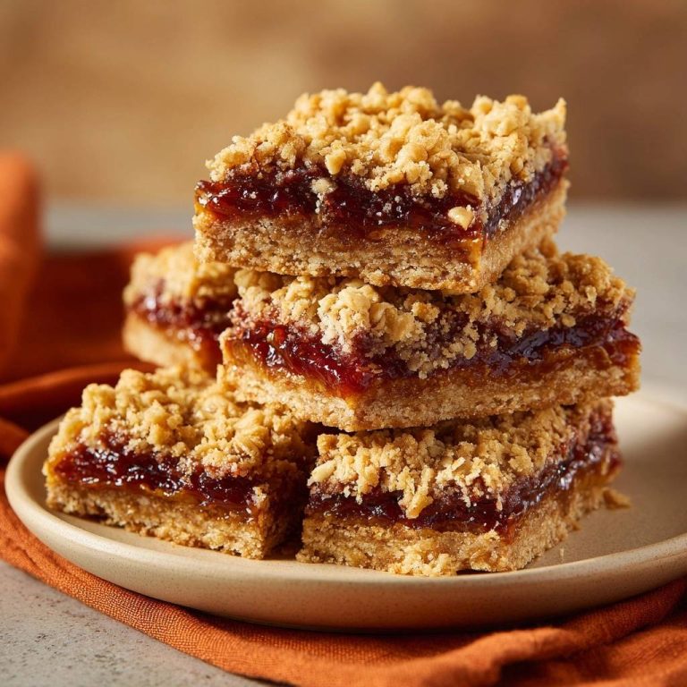 Saftige Marmeladen-Streuselkuchen-Schnitten sind hier gestapelt, mit einem Nahaufnahme-Querschnitt, der die fruchtige Marmelade und den knusprigen Streusel zeigt.