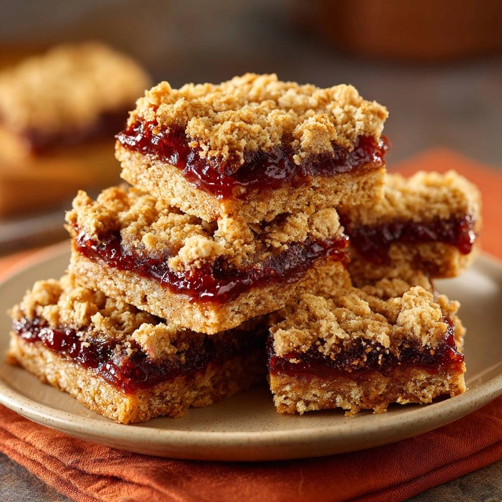 Saftige Marmeladen-Streuselkuchen-Schnitten zeigen eine Nahaufnahme des saftigen Innenlebens, das mit fruchtiger Marmelade gefüllt ist und mit Streuseln bedeckt ist.