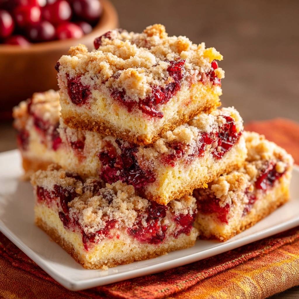 Saftiger Cranberry-Streuselkuchen präsentiert einen appetitlichen Querschnitt, der die fruchtige Füllung und den knusprigen Streuselbelag zeigt.