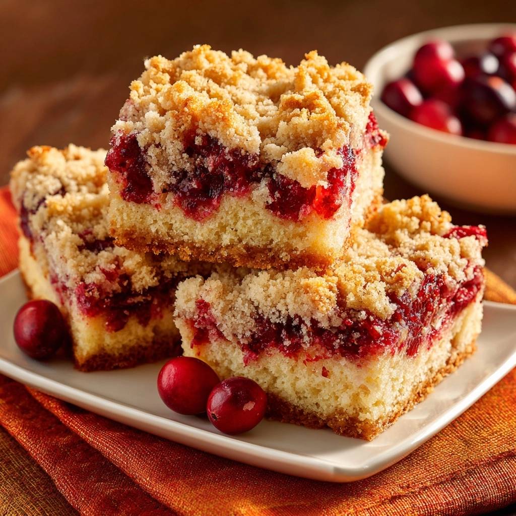 Saftiger Cranberry-Streuselkuchen, serviert auf einem weißen Teller, zeigt einen verlockenden Querschnitt mit Streuseln und Cranberries.