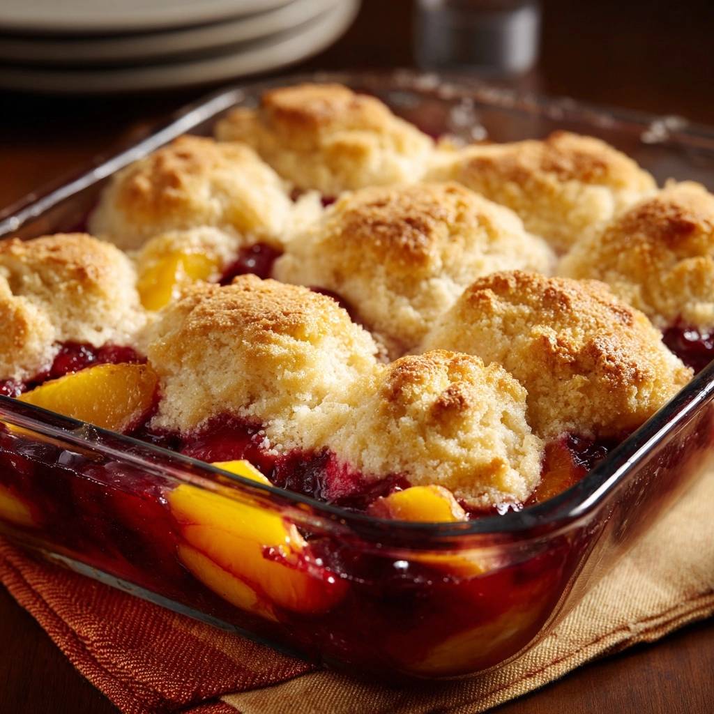 Saftiger Pfirsich Kirsch Cobbler Draufsicht 1 Saftiger Pfirsich-Kirsch-Cobbler aus dem Ofen, in einer Glasform gebacken, mit goldbraunen Teigstückchen und frischen Früchten.