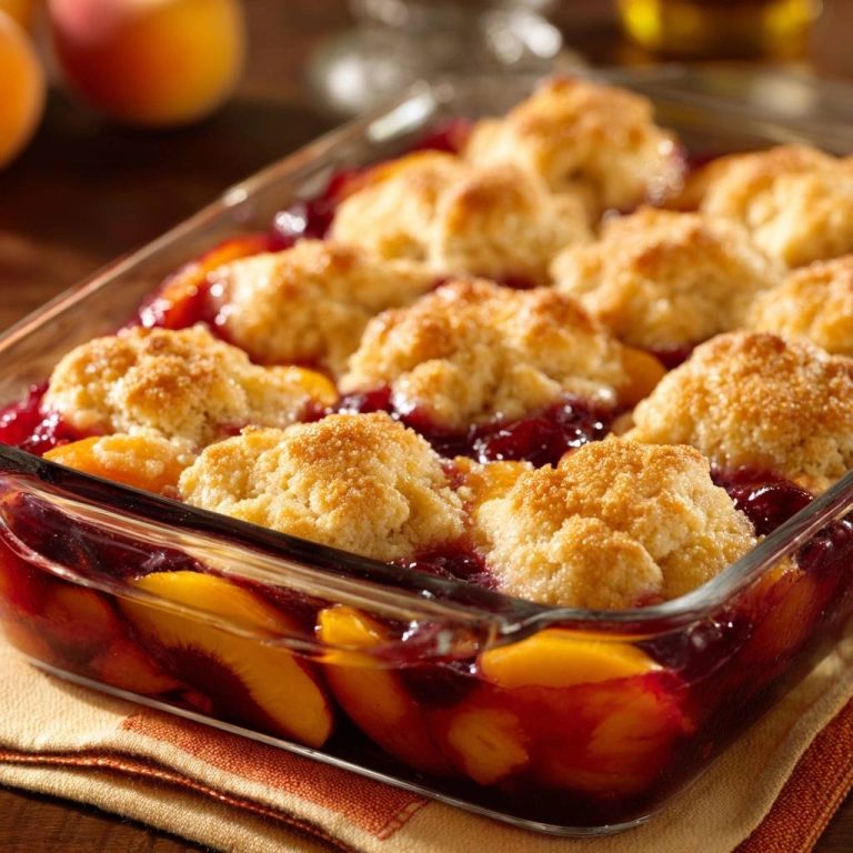 Saftiger Pfirsich-Kirsch-Cobbler in Nahaufnahme: Die goldbraunen Knusperstücke liegen auf der fruchtigen Kirsch-Pfirsich-Mischung in der Auflaufform.