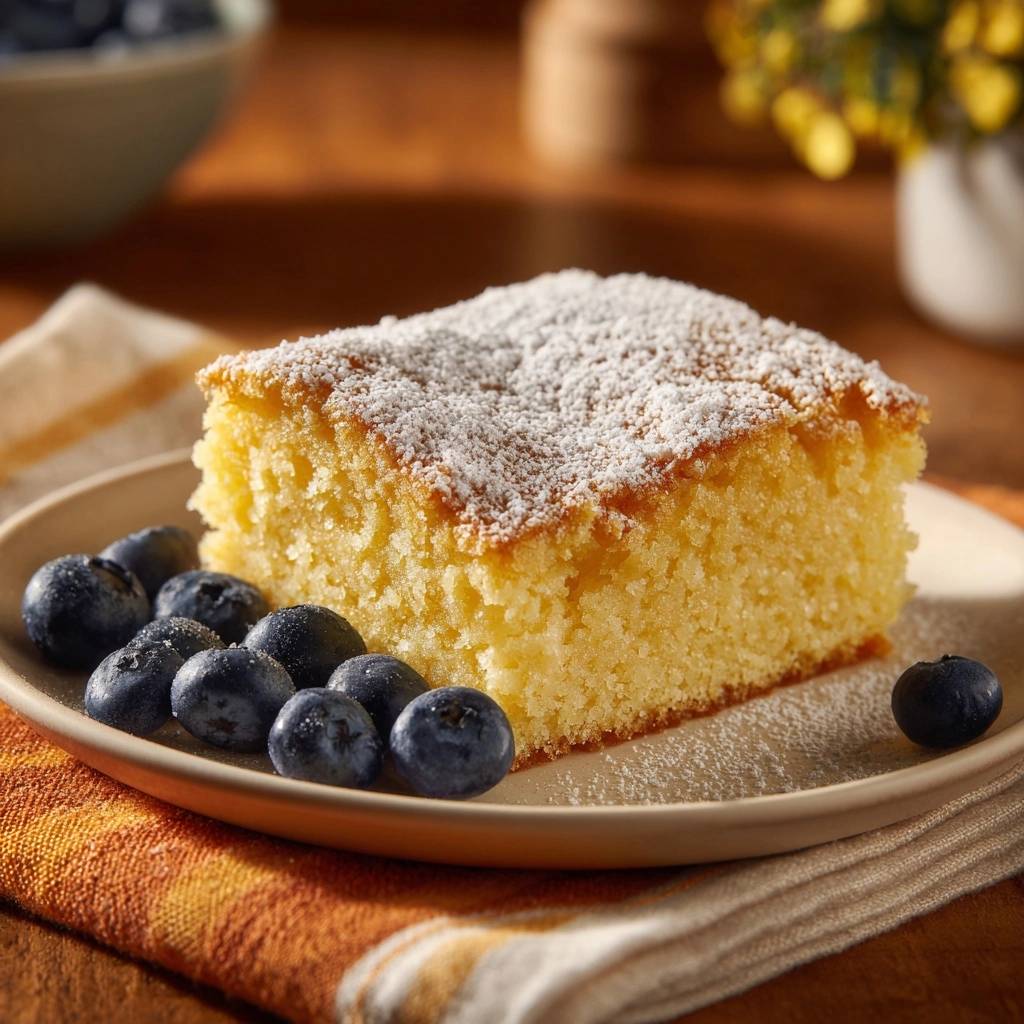 Saftiger Zitronen-Blechkuchen serviert auf einem Teller mit frischen Blaubeeren, bestäubt mit Puderzucker. Ein köstlicher Kuchen.