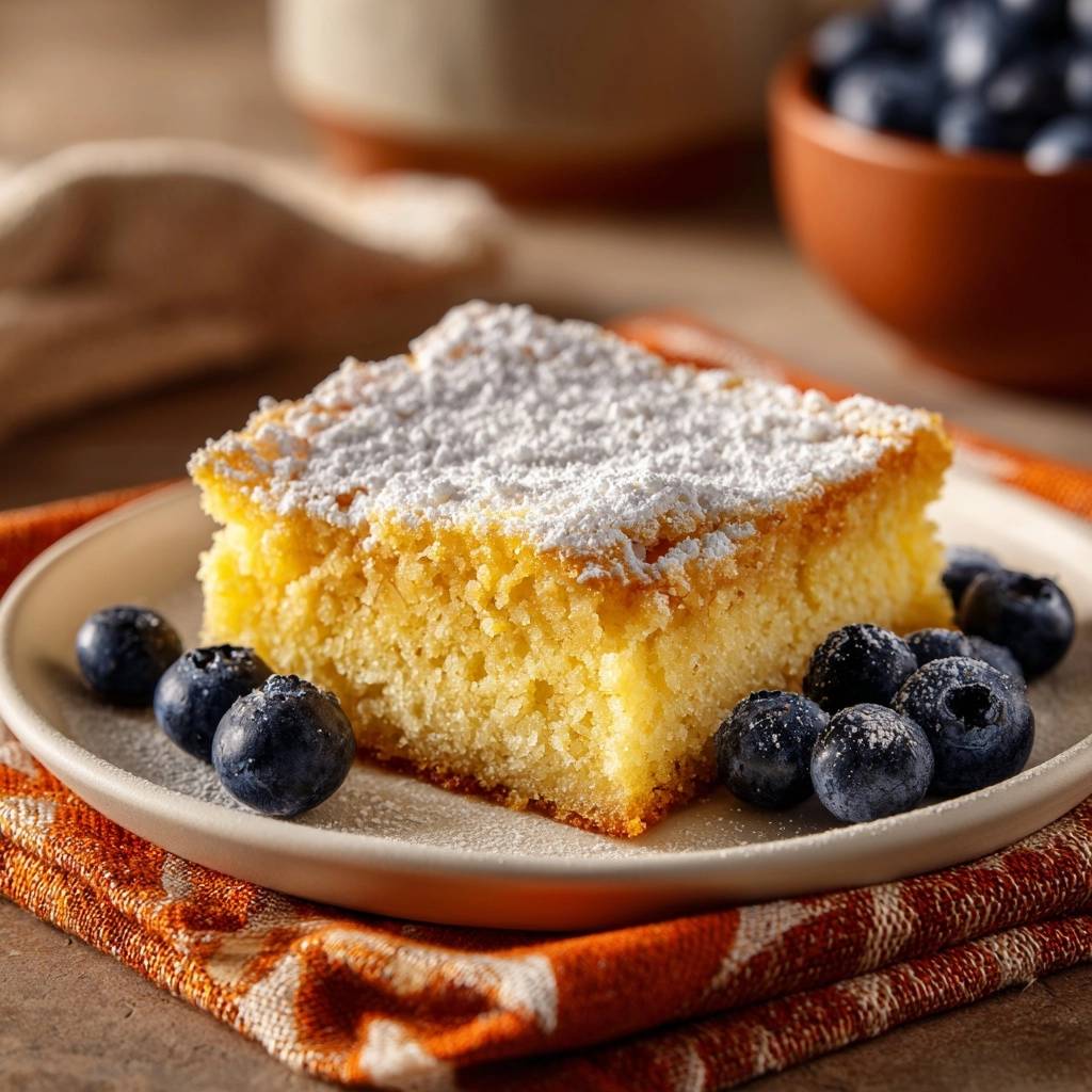 Saftiger Zitronen-Blechkuchen serviert auf einem Teller, garniert mit frischen Blaubeeren und Puderzucker bestäubt.