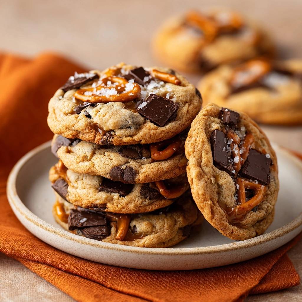 Salzkaramell-Schokoladen-Cookies in Nahaufnahme auf einem Teller serviert, mit Salzflocken und Schokoladenstücken garniert.