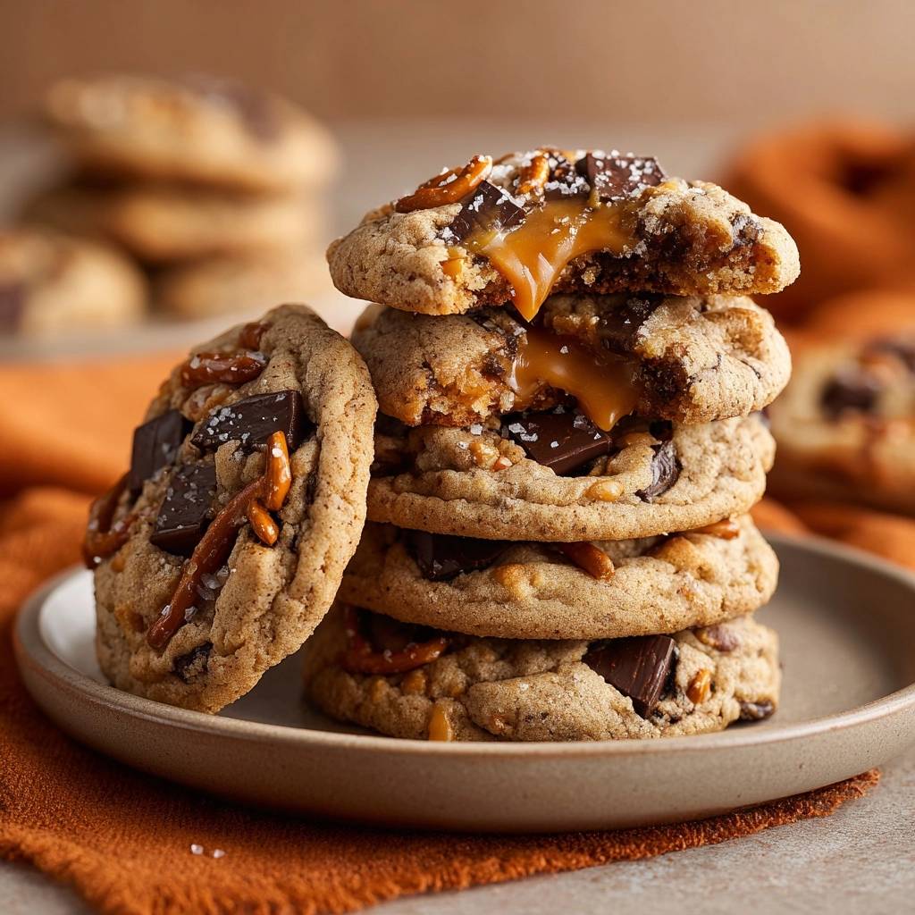 Salzkaramell-Schokoladen-Cookies zeigen einen verführerischen Querschnitt, der das geschmolzene Karamell und die Schokoladenstücke hervorhebt.