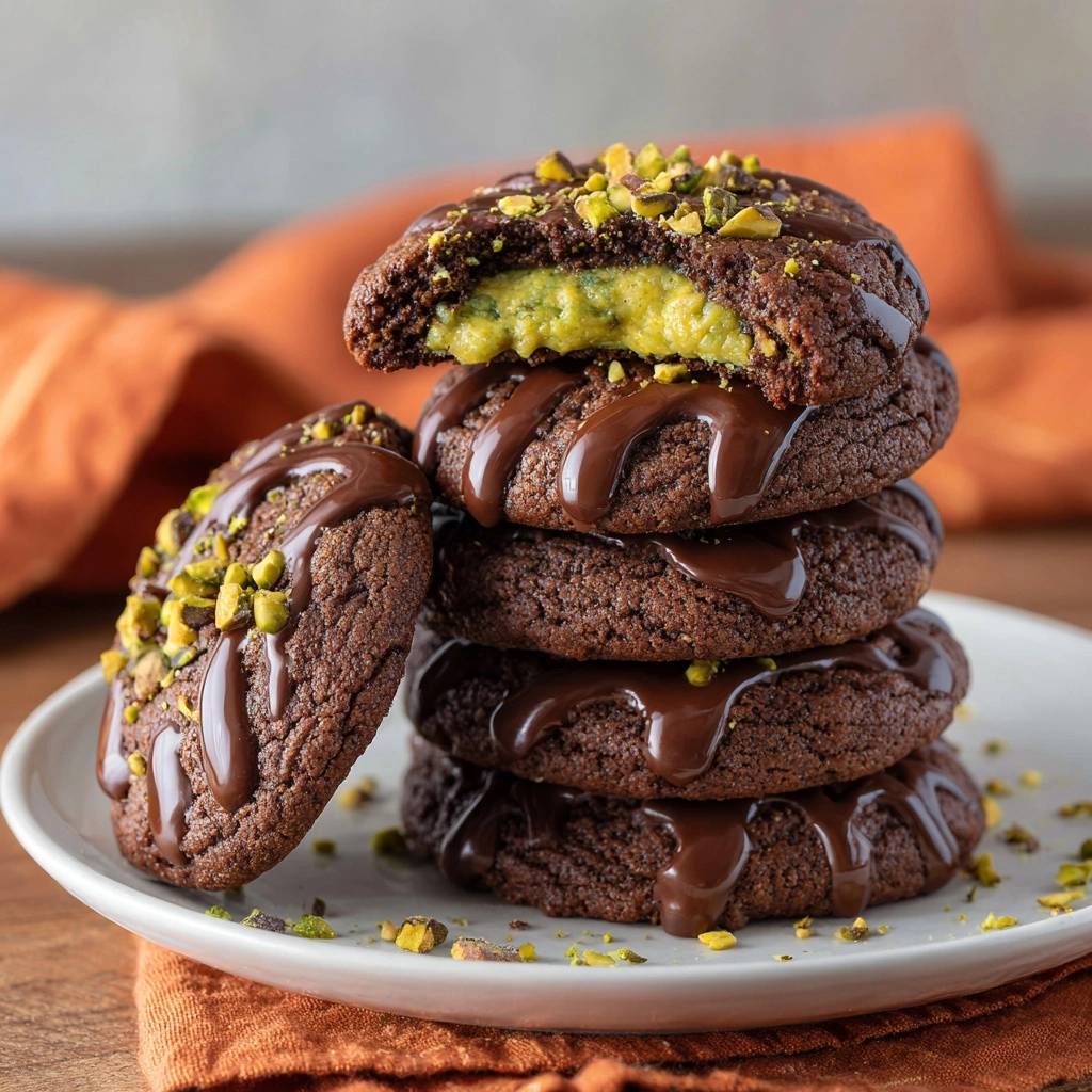 Schoko-Pistazien-Cookies mit flüssigem Kern zeigen hier ihren leckeren, flüssigen Kern im Anschnitt, der von Schokolade umhüllt ist.