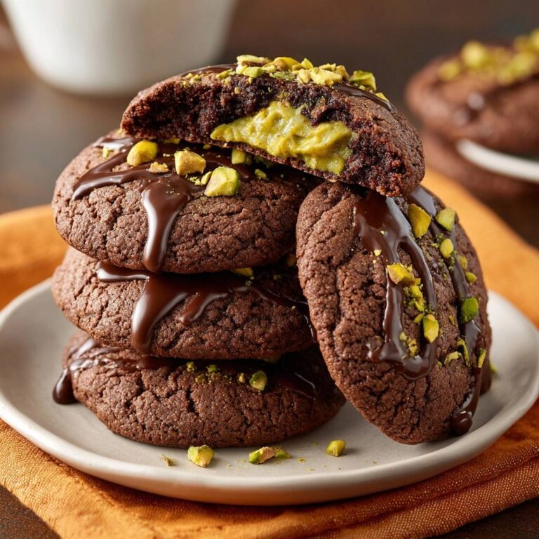 Schoko-Pistazien-Cookies mit flüssigem Kern im Querschnitt, sodass der cremige Pistazien-Kern sichtbar wird, garniert mit Pistazien.
