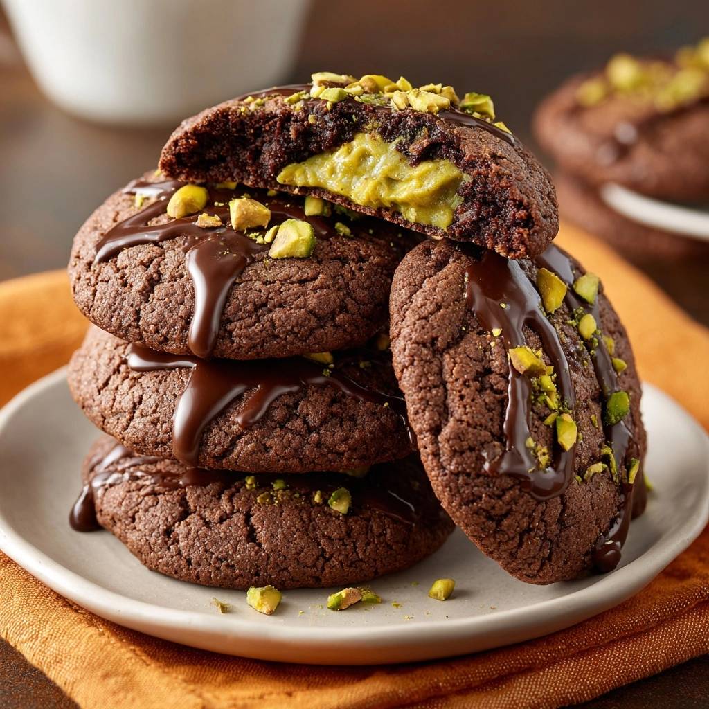 Schoko-Pistazien-Cookies mit flüssigem Kern im Querschnitt, sodass der cremige Pistazien-Kern sichtbar wird, garniert mit Pistazien.