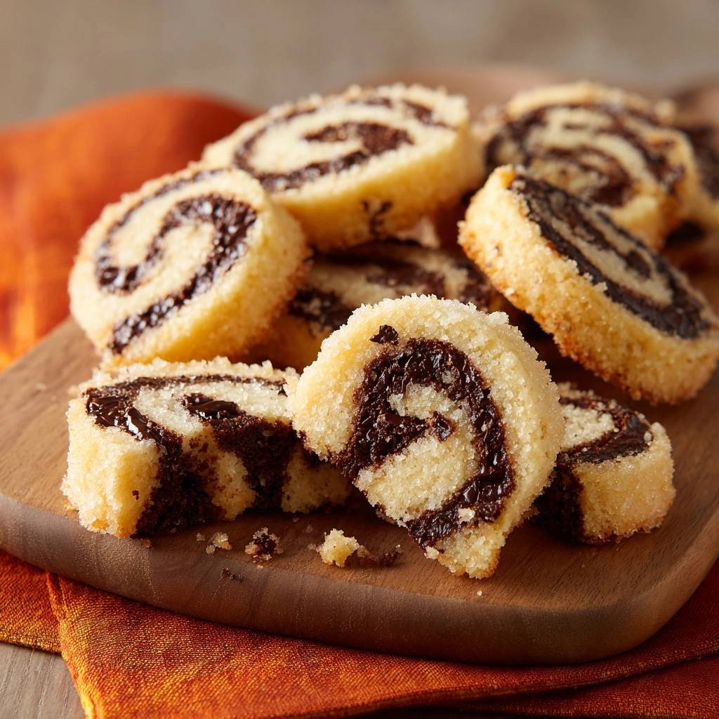 Schoko Zimt Schneckenkekse Querschnitt Nahaufnahme 1 Schoko-Zimt-Schneckenkekse zeigen hier eine Nahaufnahme der Spiralen, mit Anschnitten, die die cremige Schokoladenfüllung offenbaren und mit Zucker bedeckt sind.