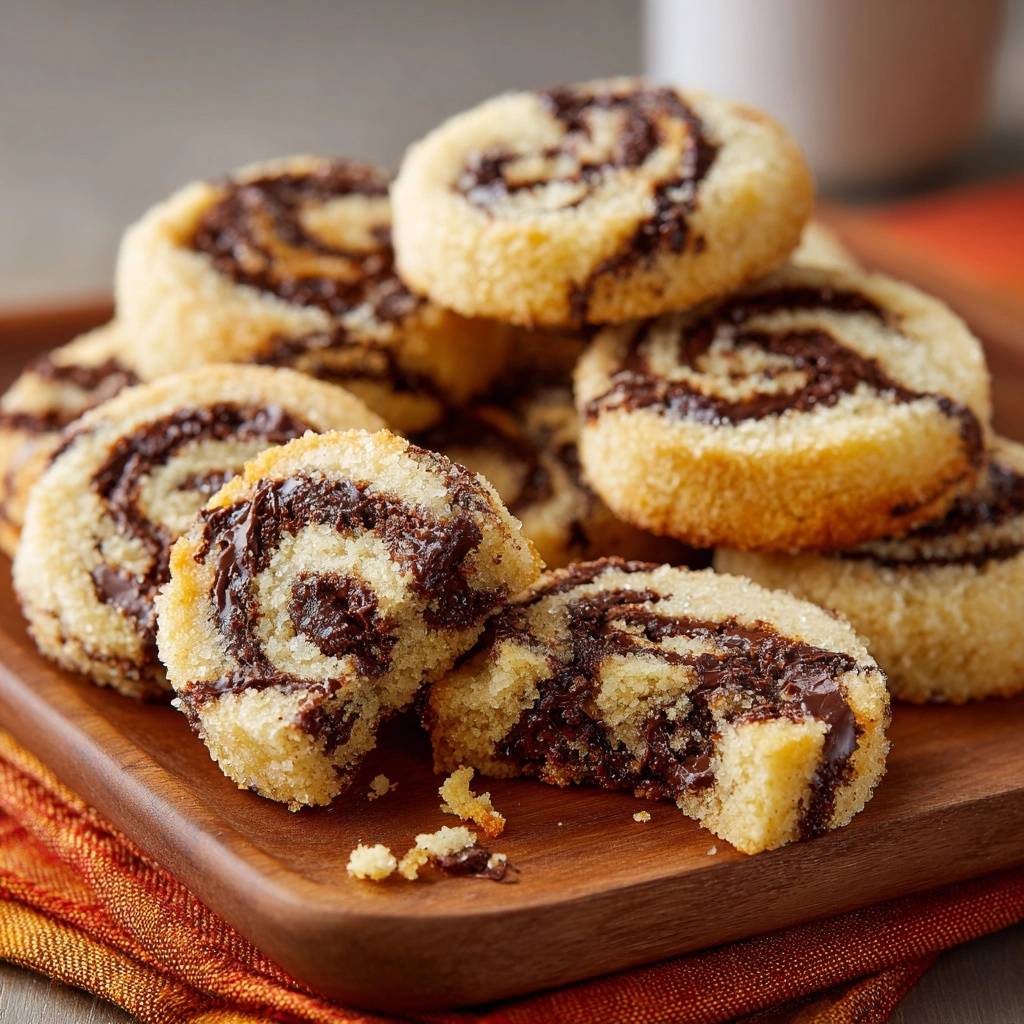 Schoko-Zimt-Schneckenkekse, ein köstliches Gebäck mit Schoko-Zimt-Spiralen, hier in einer Nahaufnahme mit Anschnitt, die die Innenansicht zeigt.