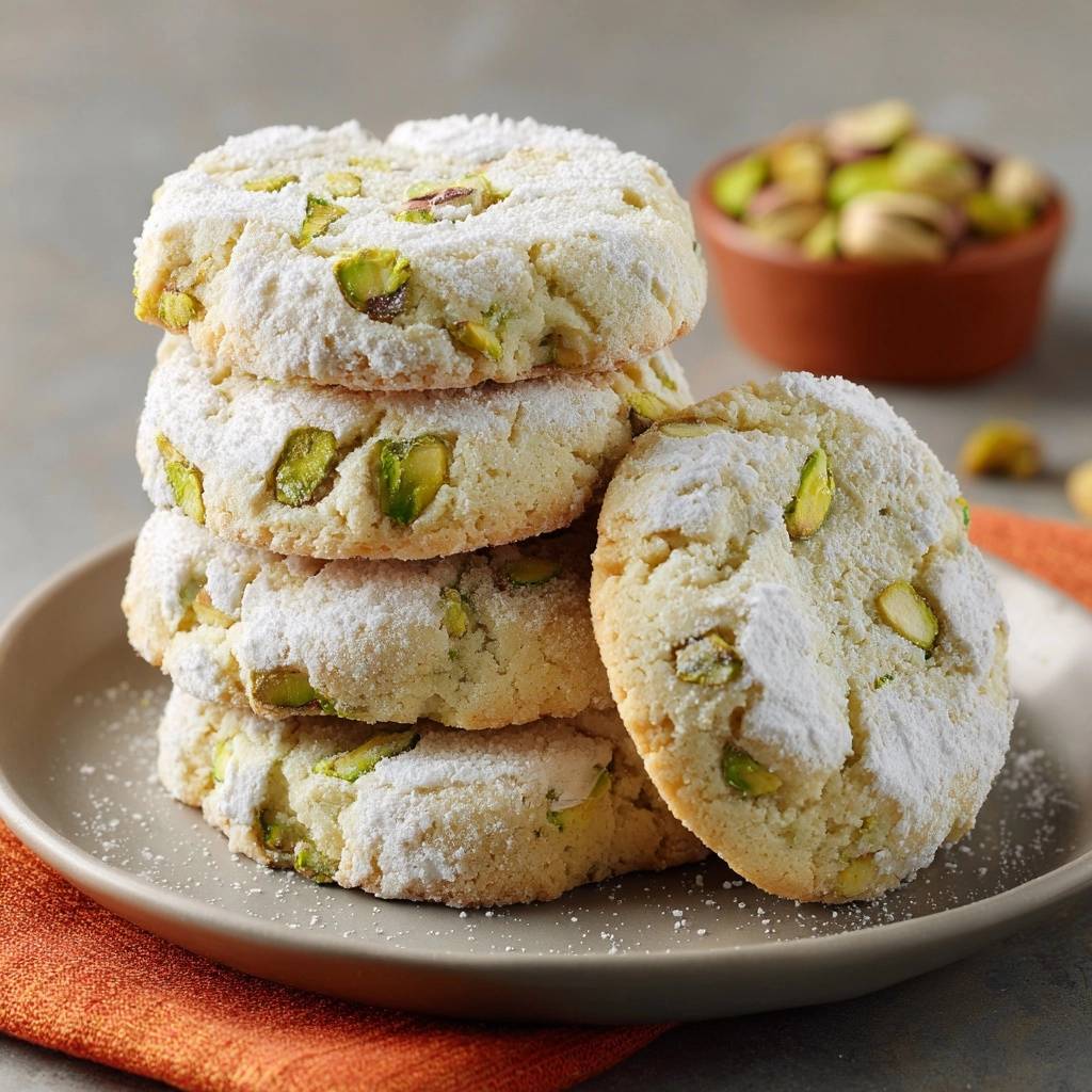 Sizilianische Pistazien-Cookies sind auf einem Teller gestapelt, mit Puderzucker bestäubt und mit Pistazien verziert.
