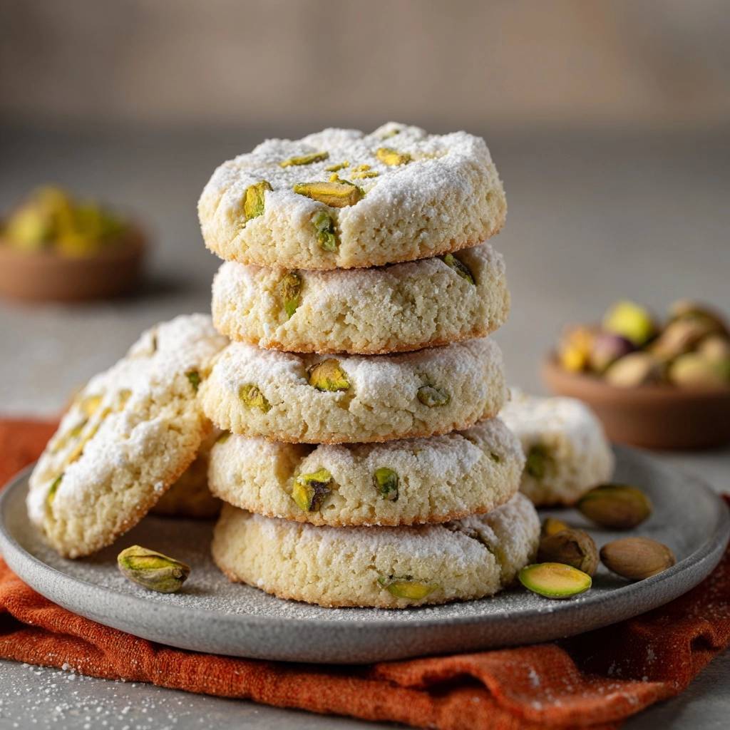 Sizilianische Pistazien-Cookies in einem stilvollen Turm gestapelt. Die leckeren Kekse sind mit Pistazien und Puderzucker verziert.