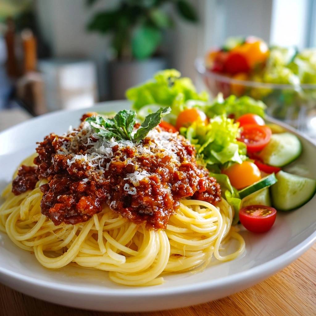 Spaghetti Bolognese serviert auf einem weißen Teller, garniert mit frischen Kräutern und Parmesan, serviert mit Salat und Tomaten.