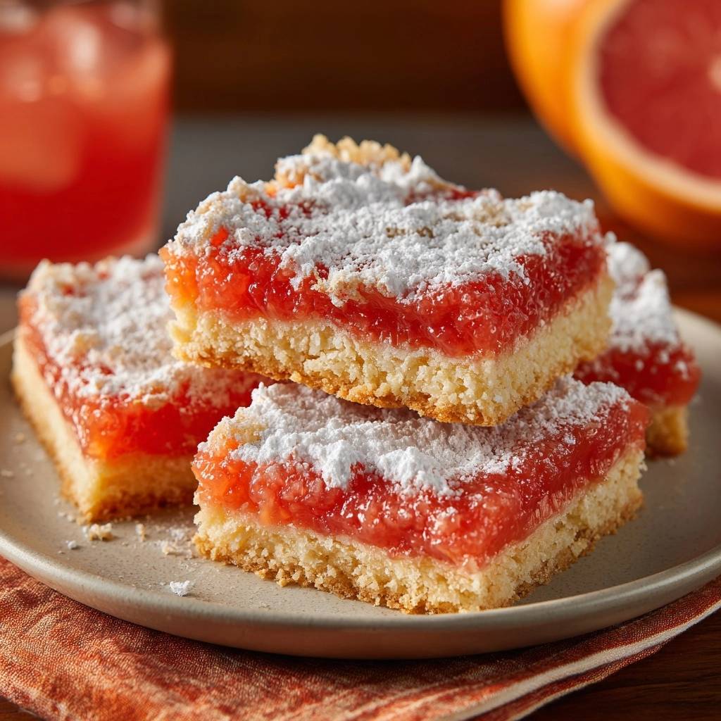 Spritzige Grapefruit Schnitten Querschnitt Serviert 1 Spritzige Grapefruit-Schnitten, serviert auf einem Teller, zeigt den saftigen, fruchtigen Querschnitt mit Puderzucker bestäubt.