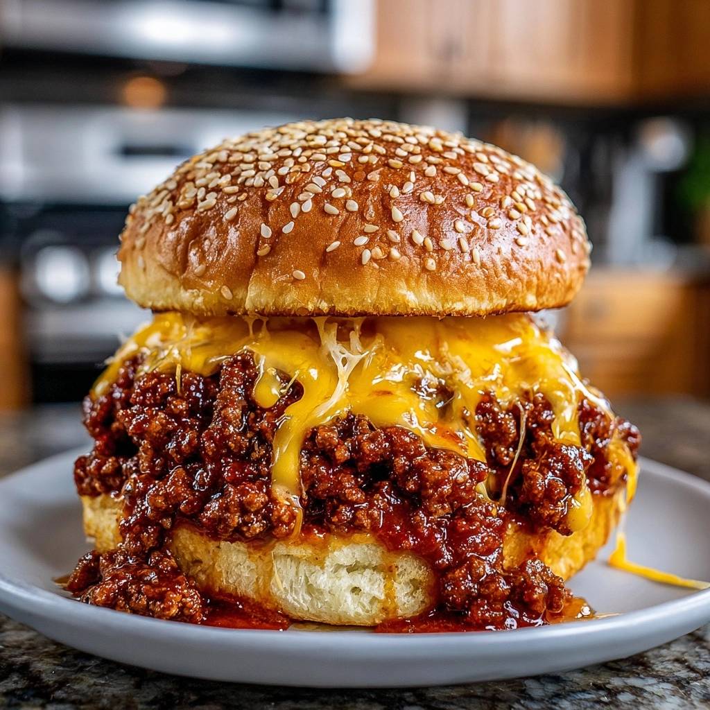 Ultimativer Sloppy Joe Burger in Nahaufnahme, mit geschmolzenem Käse, der appetitlich von dem Brötchen tropft.