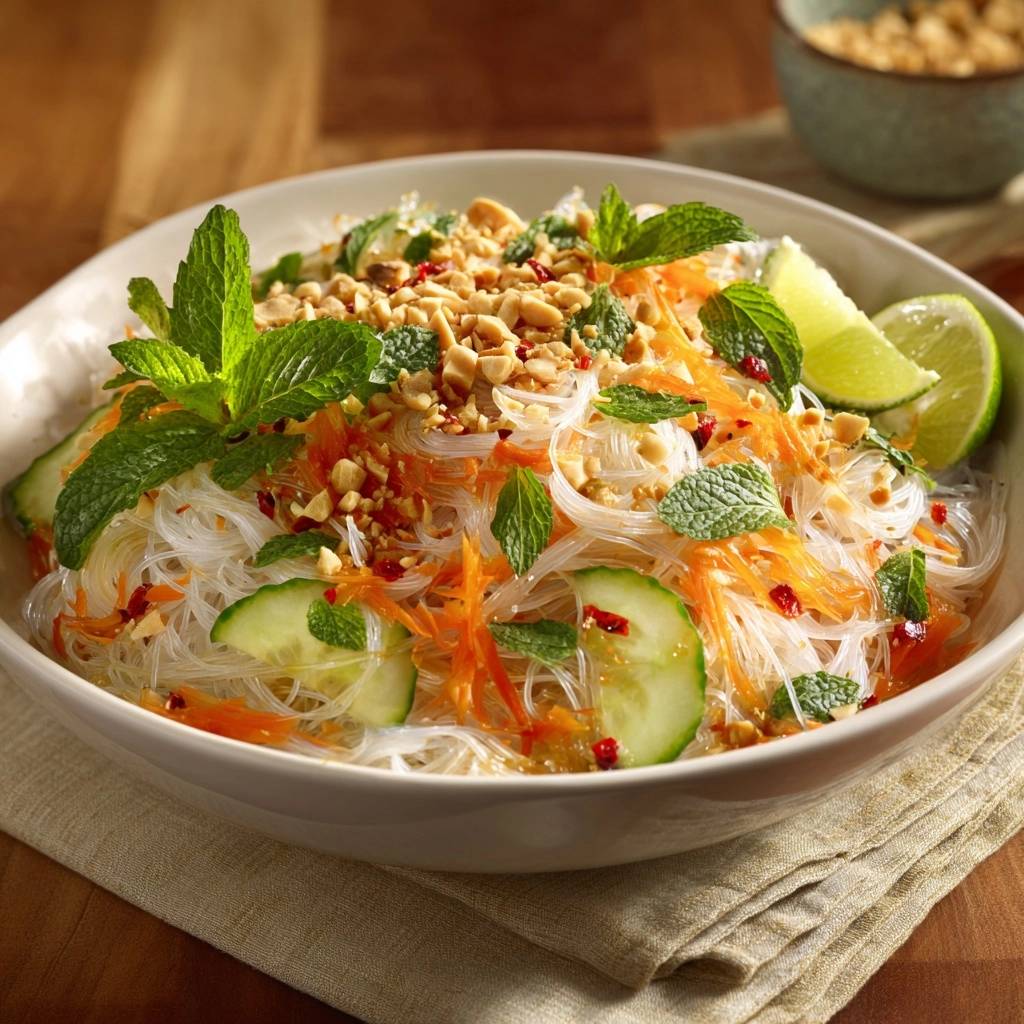 Vietnamesischer Glasnudelsalat mit Limette, garniert mit frischer Minze und Erdnüssen, wird in einer Schüssel serviert und ist bereit zum Genießen.