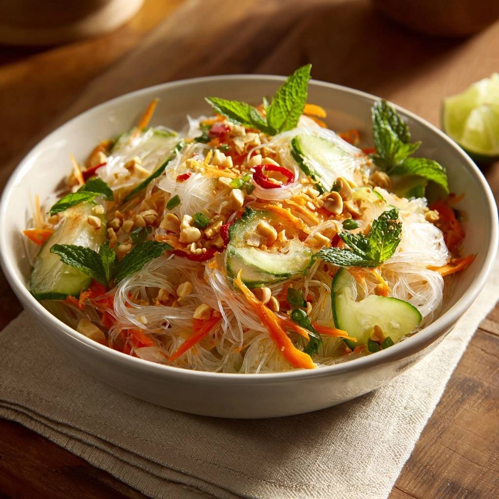 Vietnamesischer Glasnudelsalat mit Limette in einer Schüssel serviert, garniert mit frischer Minze, Gurke, Karotten und Erdnüssen.