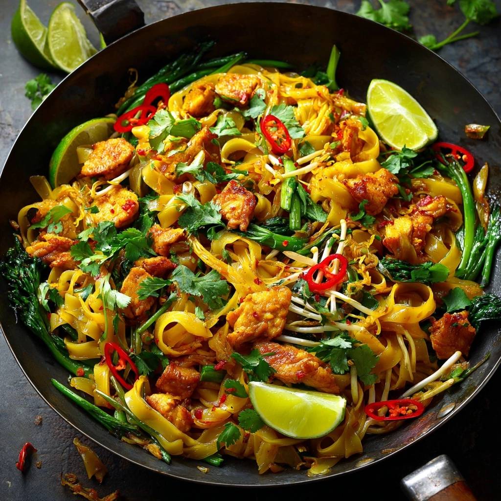 Wok Nudeln Mit Knusprigem Tofu Und Brokkoli Draufsicht 1 Wok-Nudeln mit knusprigem Tofu und Brokkoli, draufsicht auf das fertige Gericht in einer Wok-Pfanne, garniert mit Limetten und Chili.