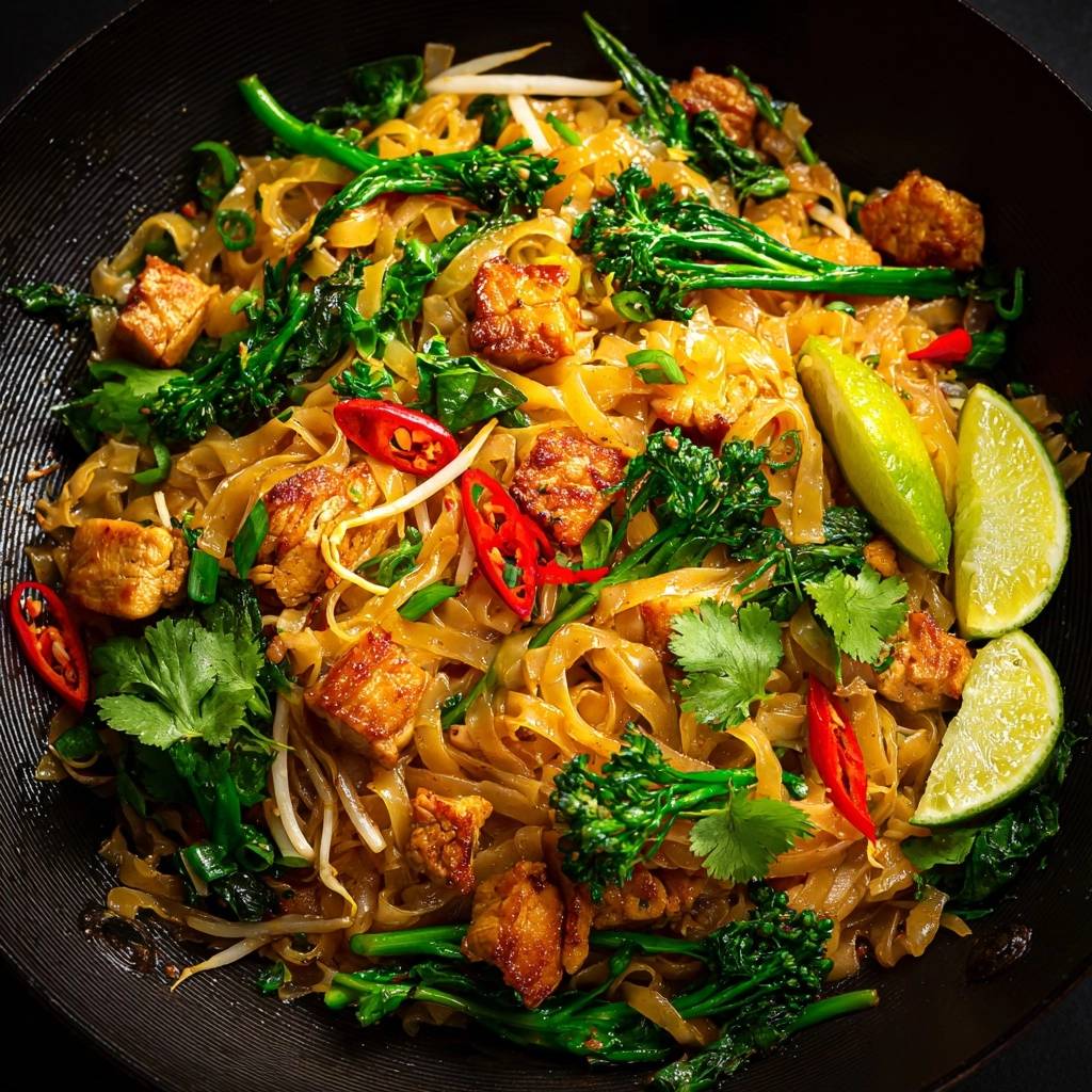 Wok-Nudeln mit knusprigem Tofu und Brokkoli in einer schwarzen Pfanne, garniert mit frischem Koriander, Limettenspalten und Chili.