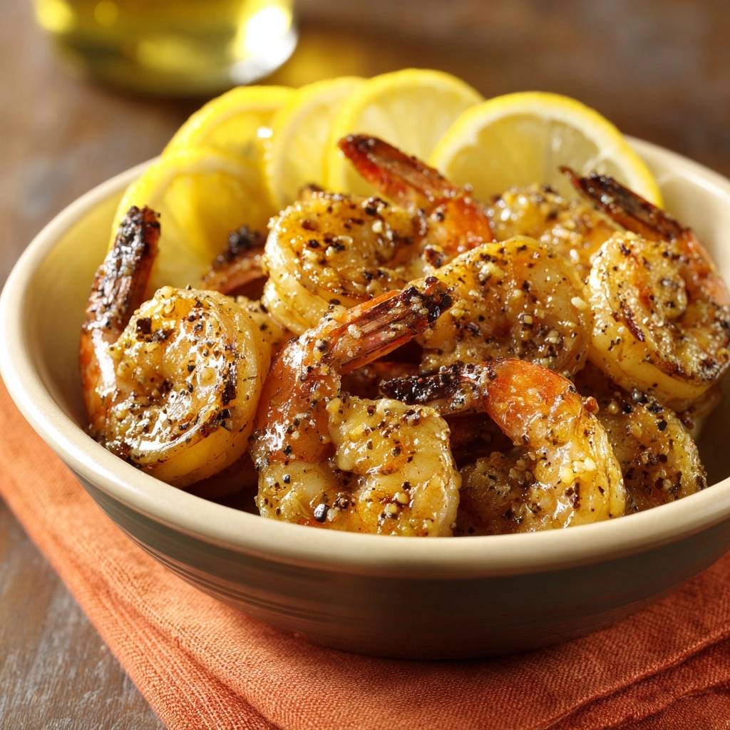Wuerzige Zitronen Knoblauch Garnelen Nahaufnahme 1 Würzige Zitronen-Knoblauch-Garnelen in einer Schüssel, serviert mit Zitronenscheiben, die die köstliche Textur der frisch gebratenen Garnelen hervorheben.