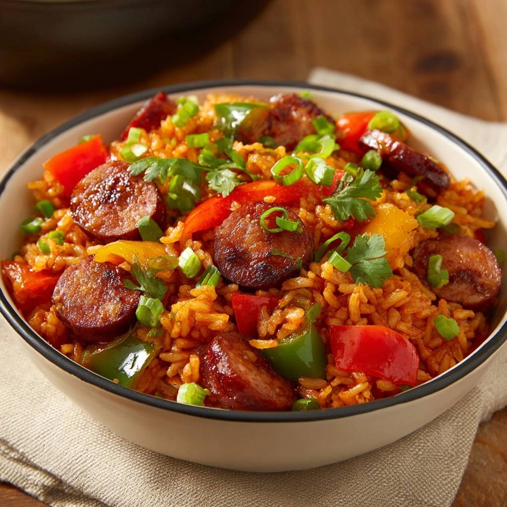Würzige Reispfanne mit Rinder-Chorizo, serviert in einer Schüssel, garniert mit frischen Kräutern und Frühlingszwiebeln.