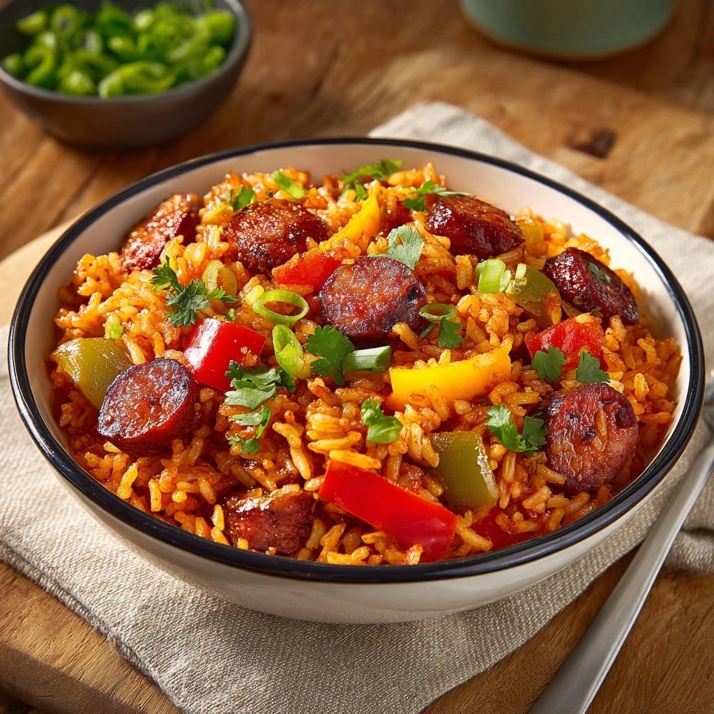 Würzige Reispfanne mit Rinder-Chorizo, serviert in einer Schüssel, mit knackigen Paprika-Stücken und frischen Kräutern garniert.
