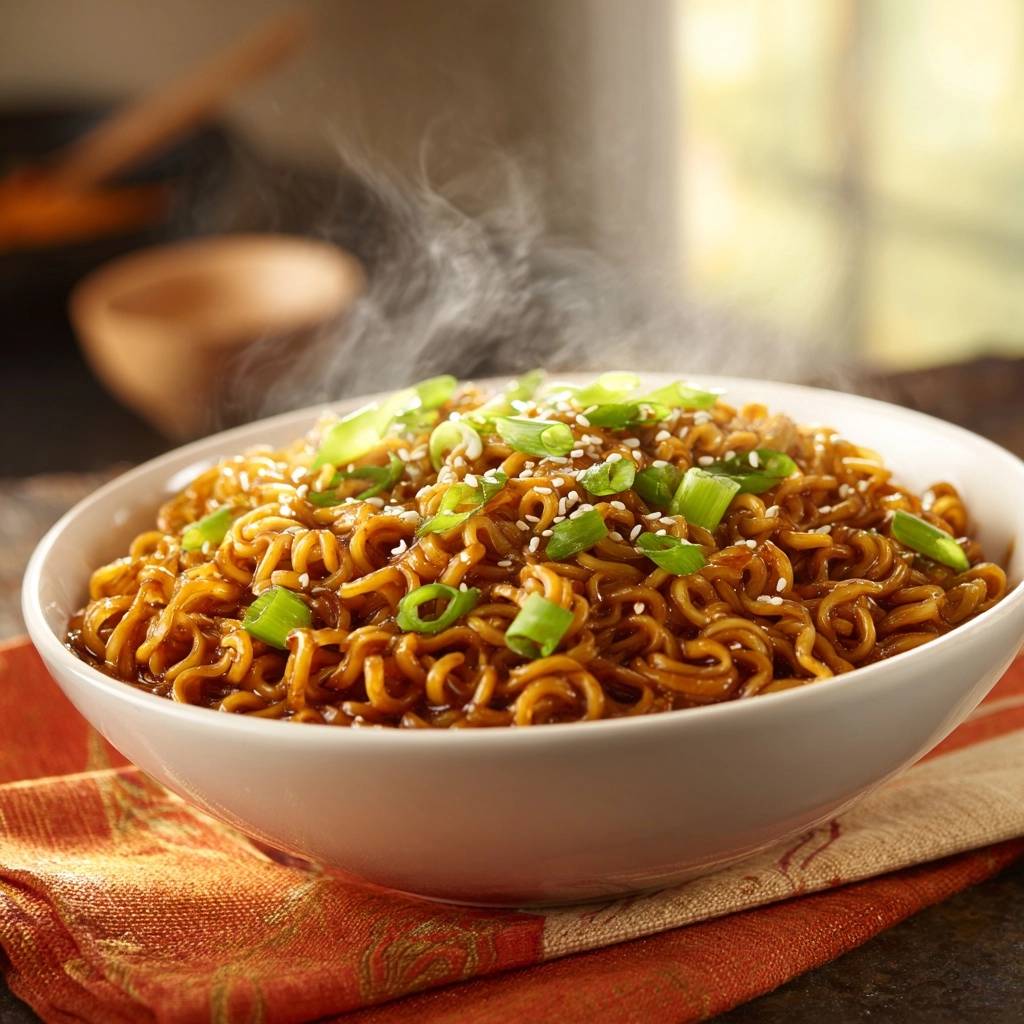 Wurzige Teriyaki Nudeln Nahaufnahme Gedampft 1 Würzige Teriyaki-Nudeln in einer weißen Schüssel, garniert mit Frühlingszwiebeln und Sesam, mit aufsteigendem Dampf.