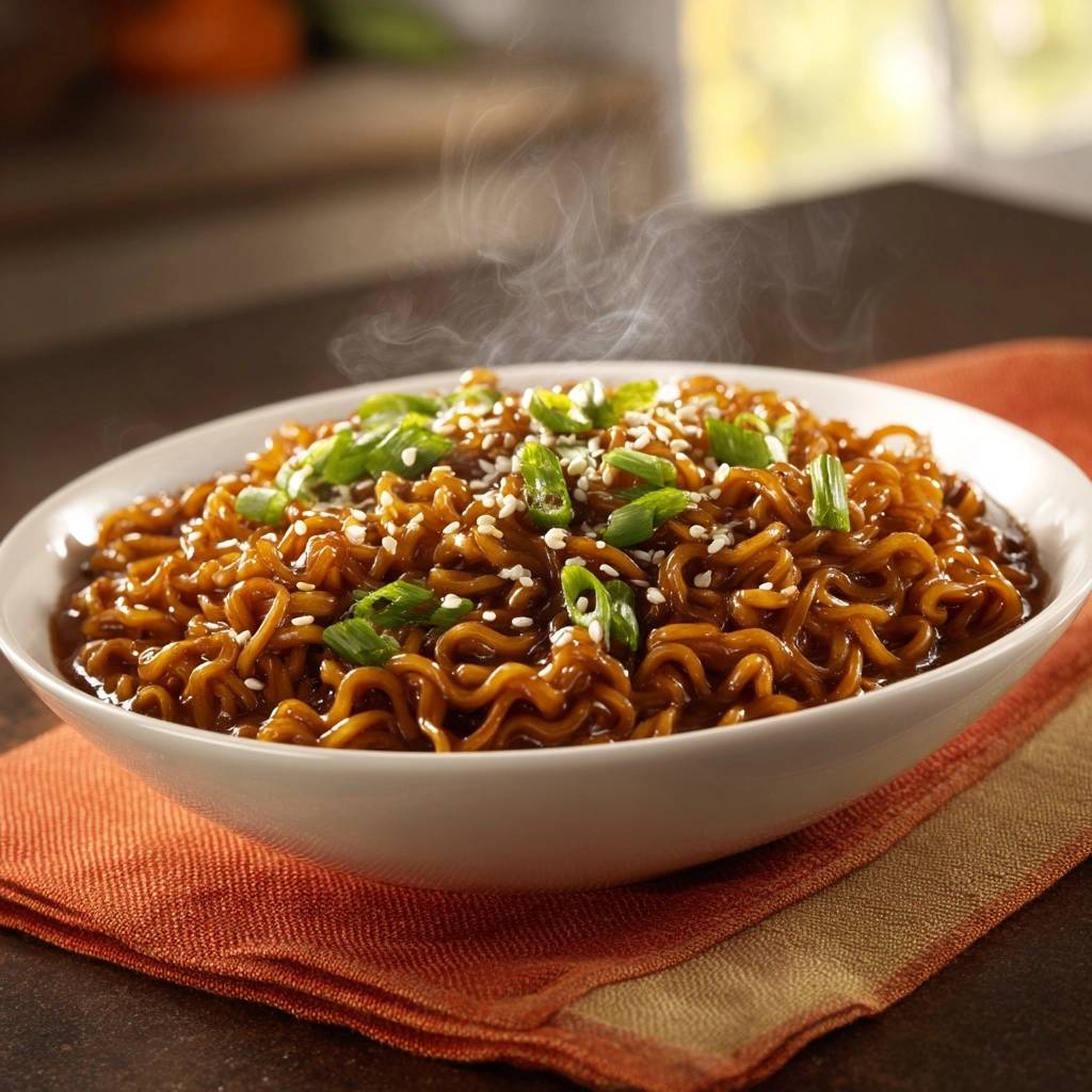 Würzige Teriyaki-Nudeln in einer weißen Schüssel serviert, mit Sesam und frischen Frühlingszwiebeln garniert, dampfend. Ein schnelles Gericht.