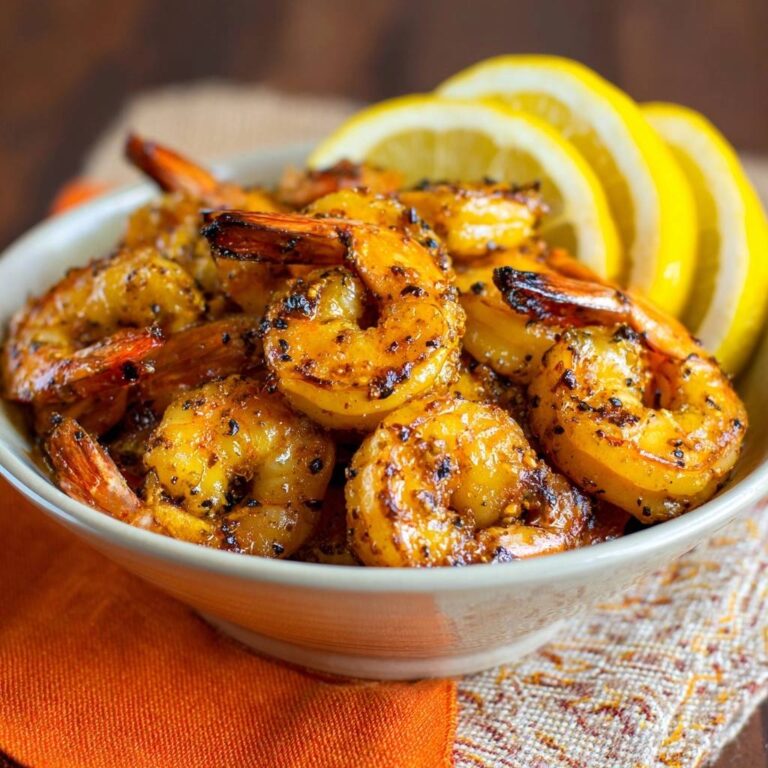 Würzige Zitronen-Knoblauch-Garnelen in Nahaufnahme, perfekt angerichtet in einer Schüssel mit Zitronenscheiben als Garnitur, die appetitlich aussehen.