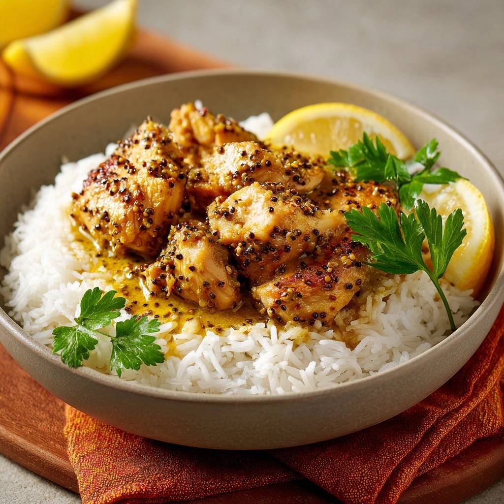 Zitronen-Senf-Hähnchen auf Reis serviert in einer Schüssel mit frischer Petersilie und Zitronenspalten, fertig zum Servieren.
