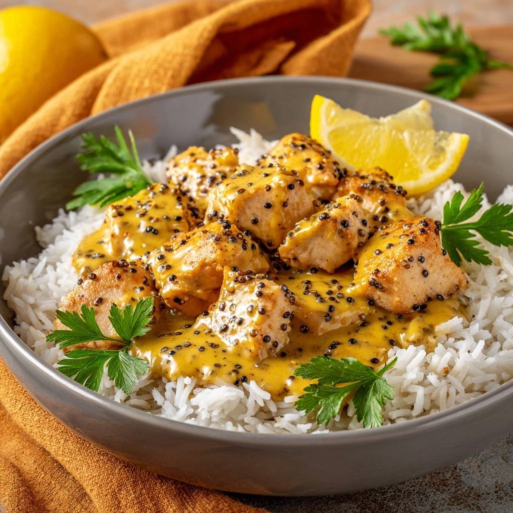 Zitronen-Senf-Hähnchen auf Reis, serviert in einer Schüssel mit frischer Petersilie und einer Zitronenscheibe als Garnierung.